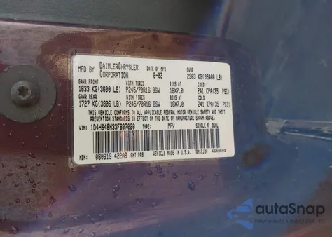 2003 Dodge Durango Slt from USA, damaged, VIN 1D4HS48N33F607020